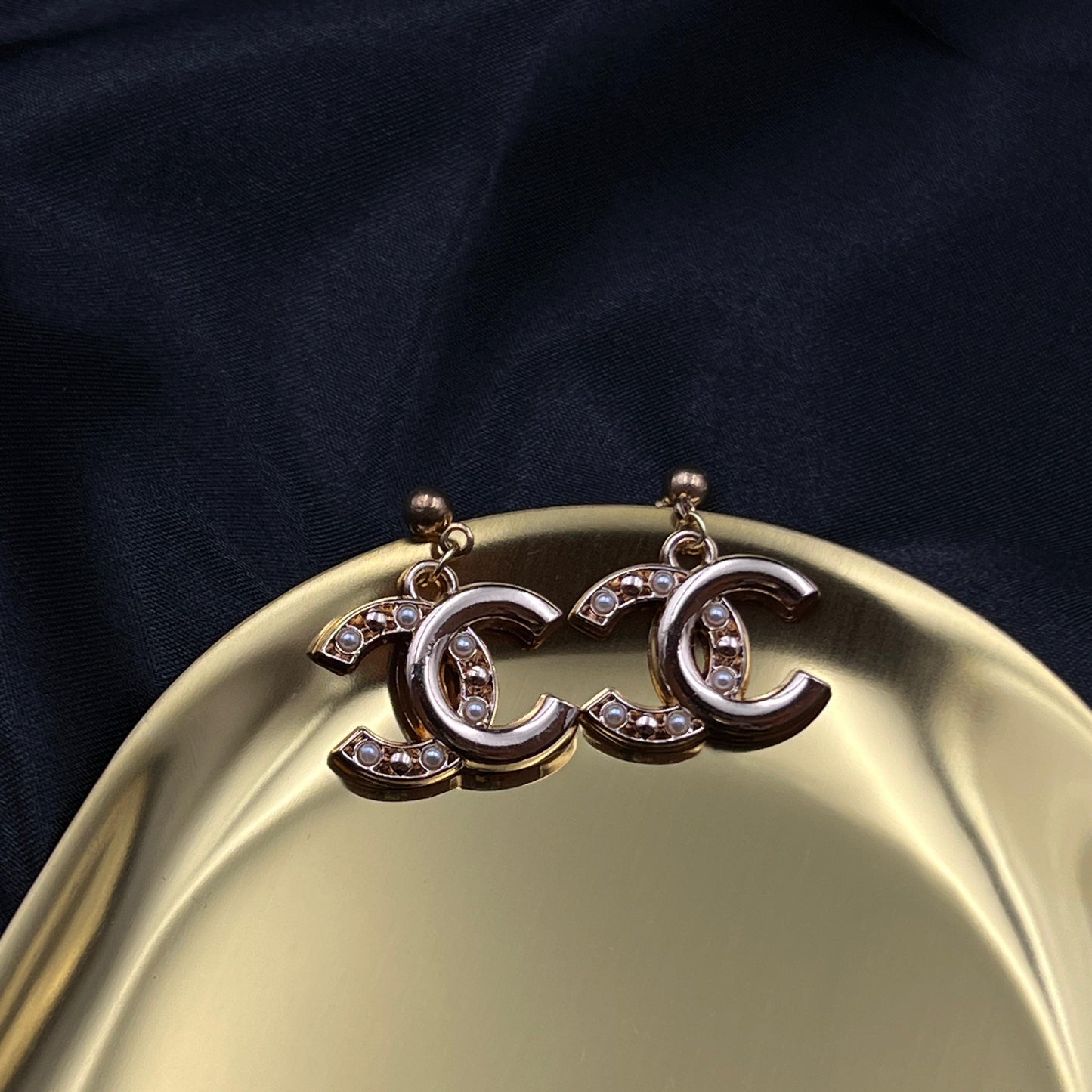 Gold CC Logo Earrings with Pearl
