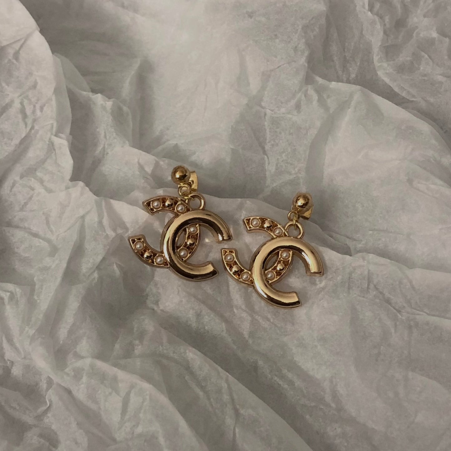 Gold CC Logo Earrings with Pearl
