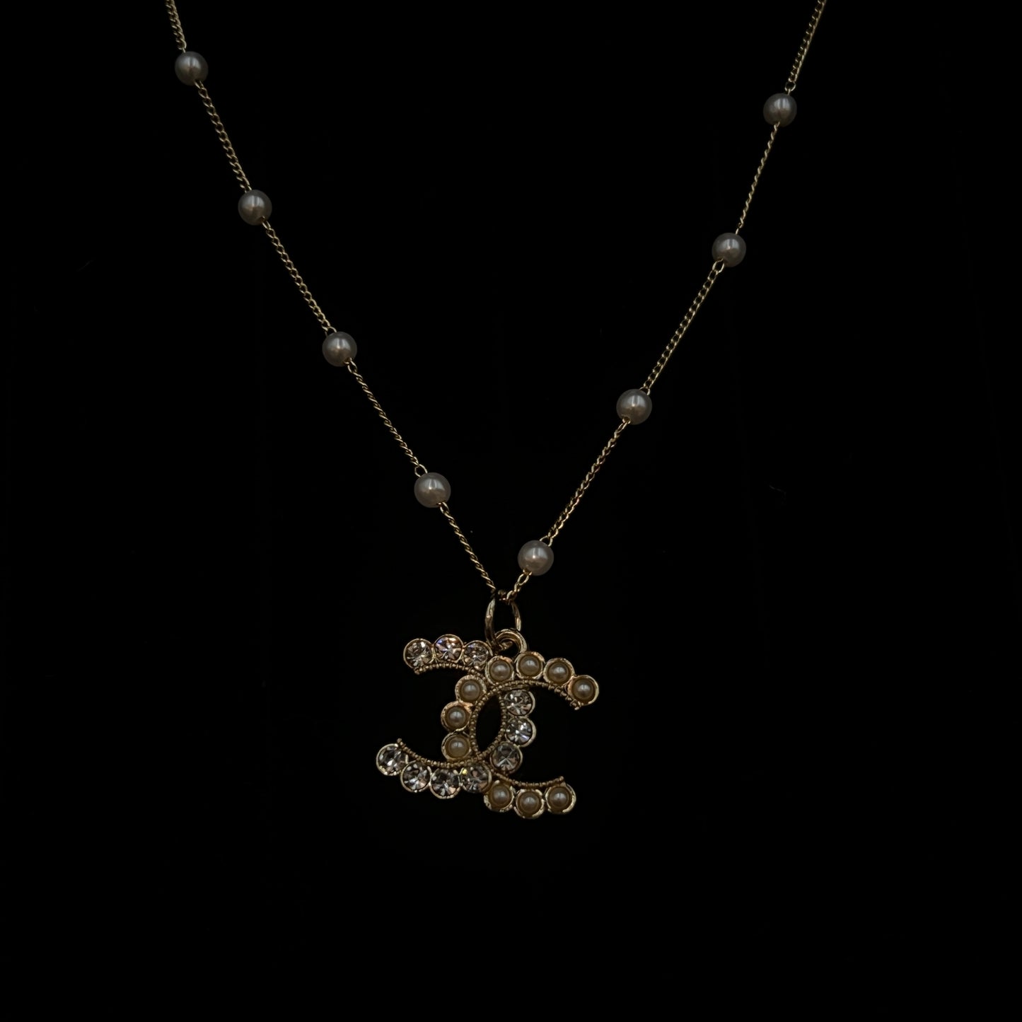 Gold Necklace with White Crystal & Pearl CC Pendant