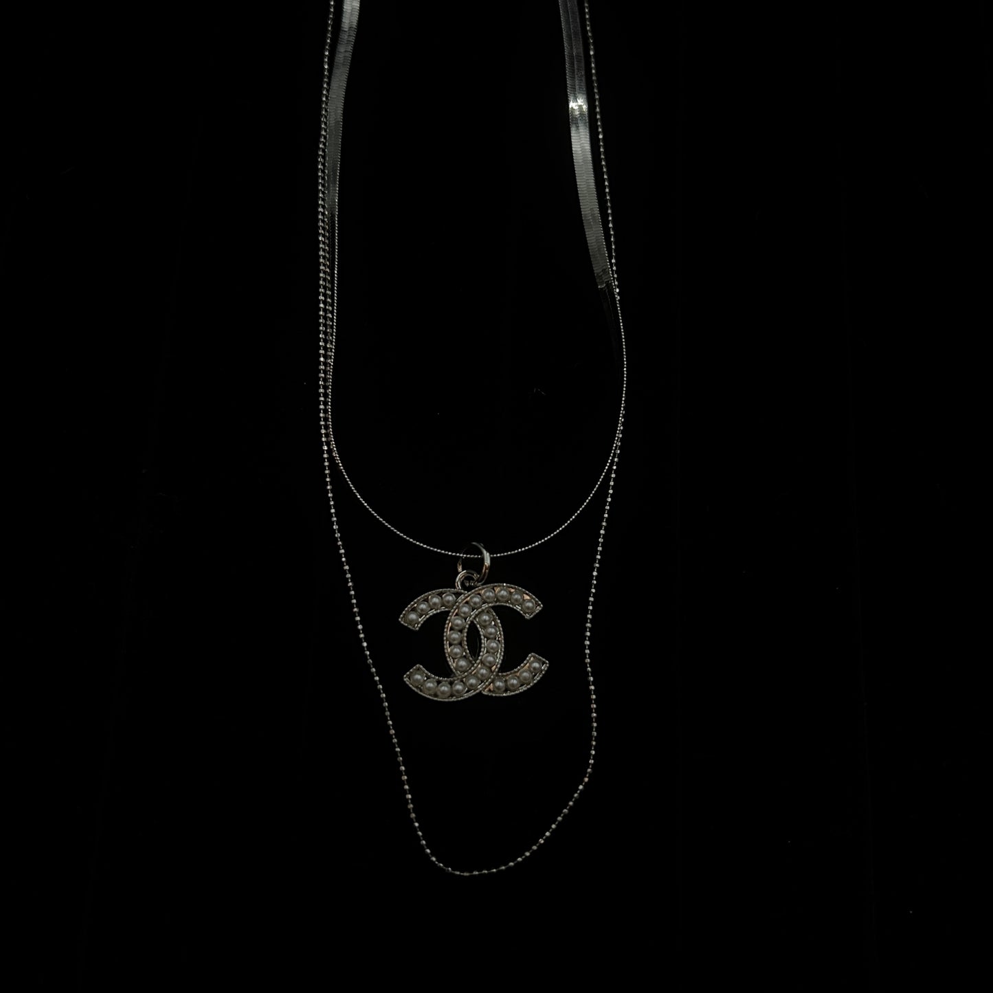 Double Snake Chain with White Crystal CC Pendant Necklace
