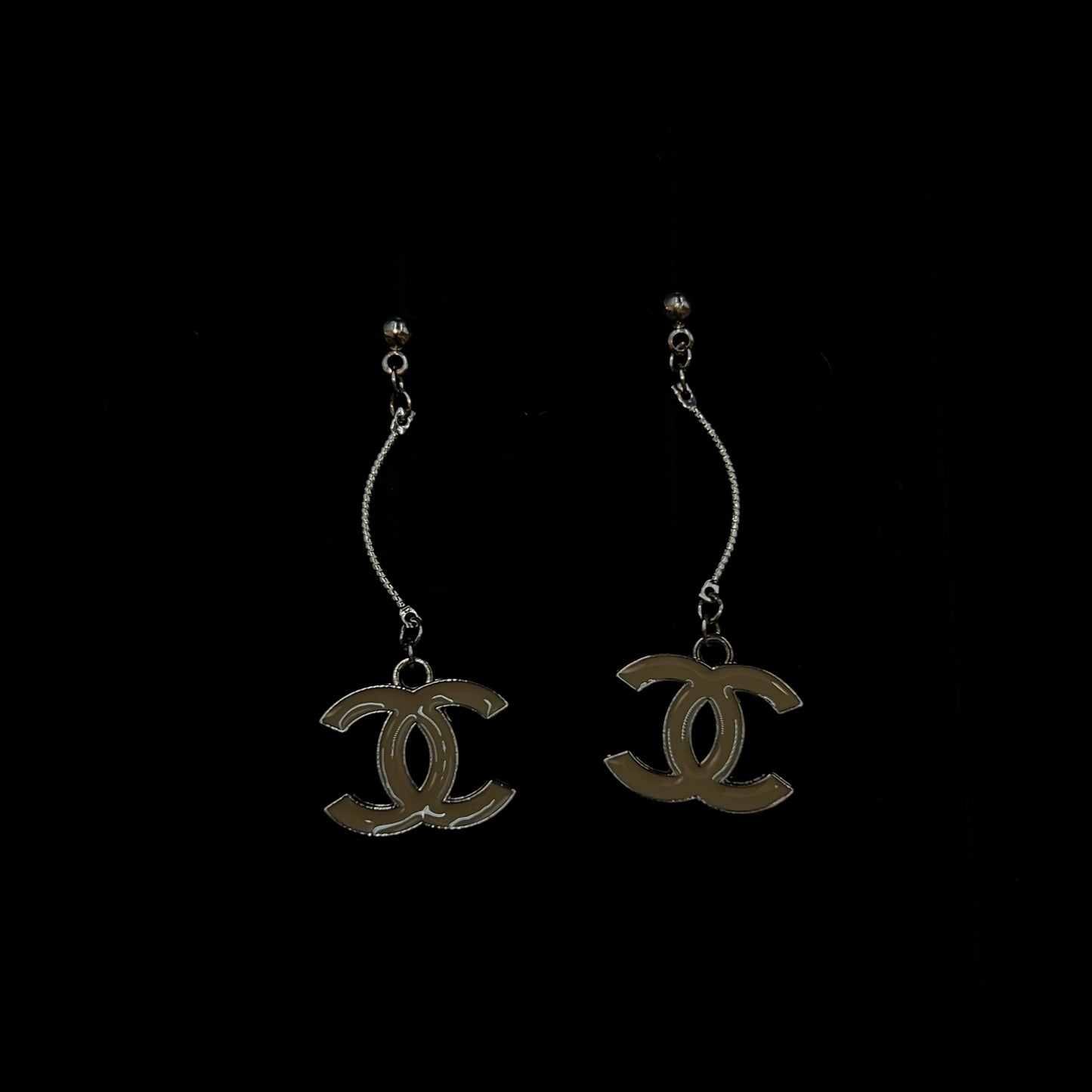 Silver Beige Enamel CC Dangle Earrings