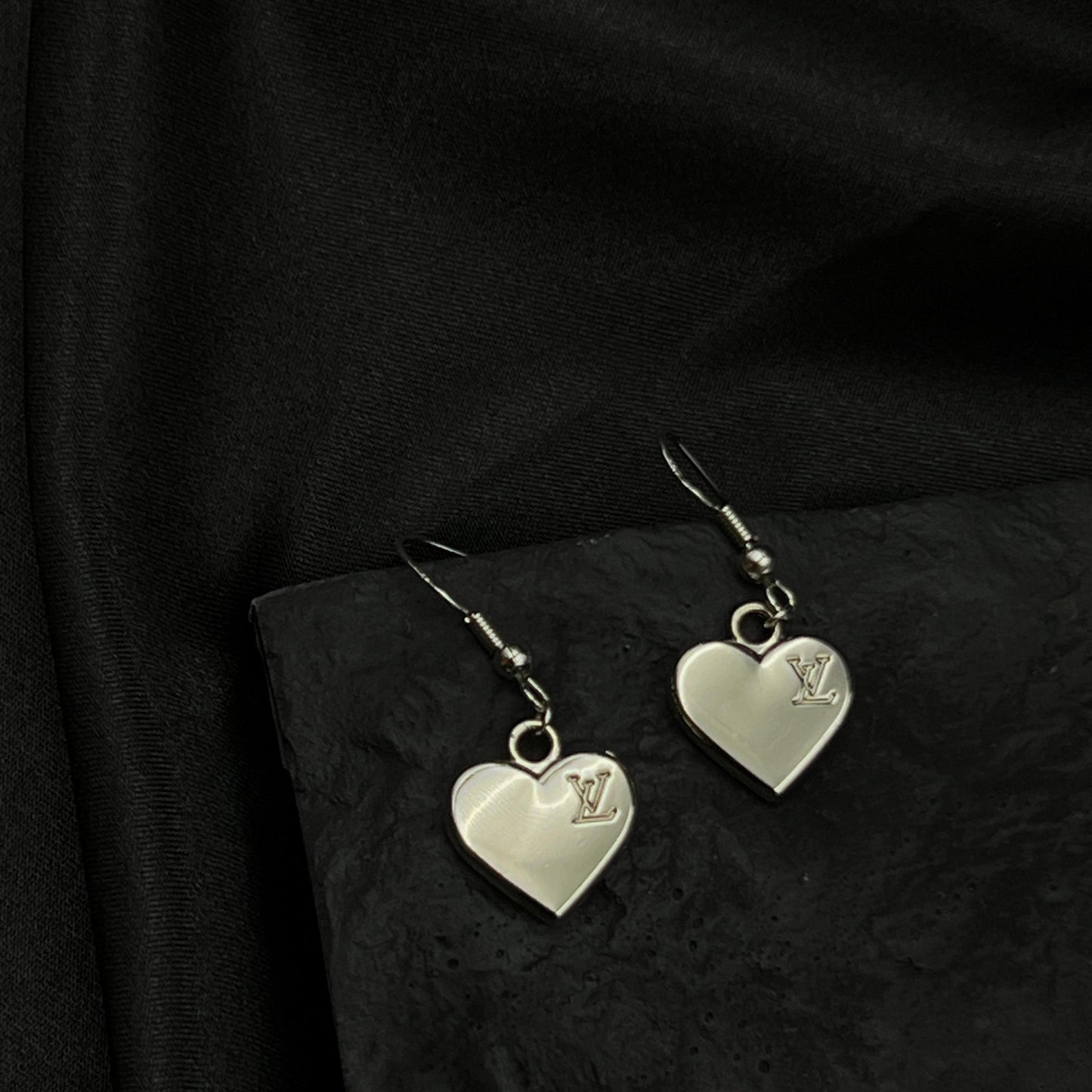 Silver L Logo Heart Plate Pendant Earrings