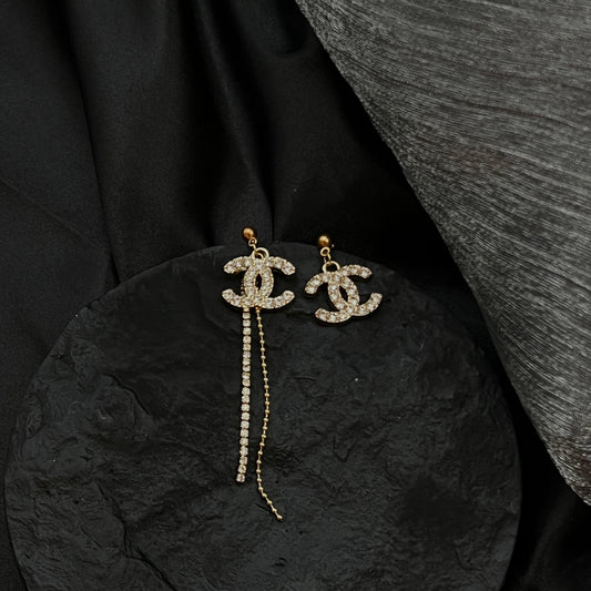 Gold CC Drop Long Crystal Earrings