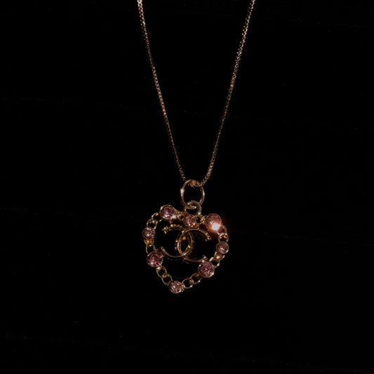 Gold Pink Crystal Heart CC Logo Necklace