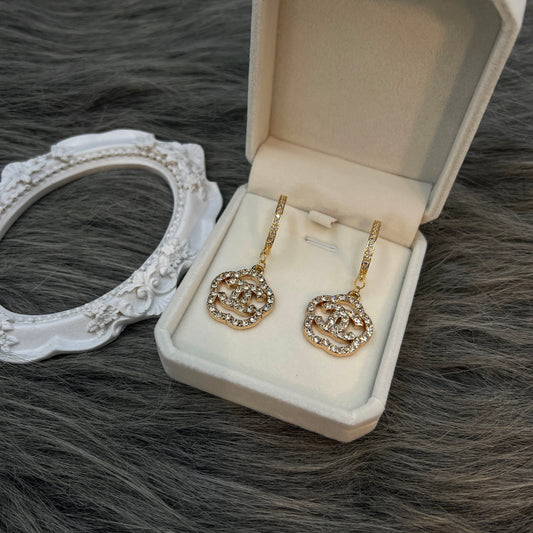 Sparkly Gold CC Crystal Pendant Earrings