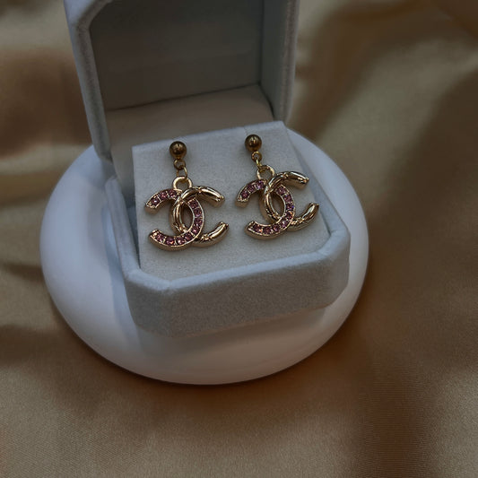 Gold & Pink Crystal CC Earrings