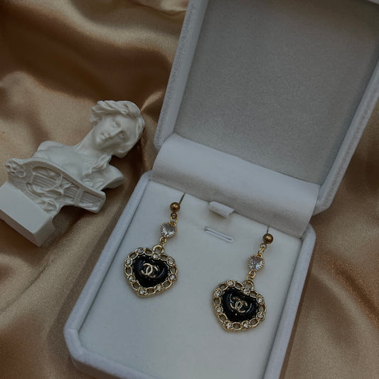Gold & Black CC Heart Pendent Earrings