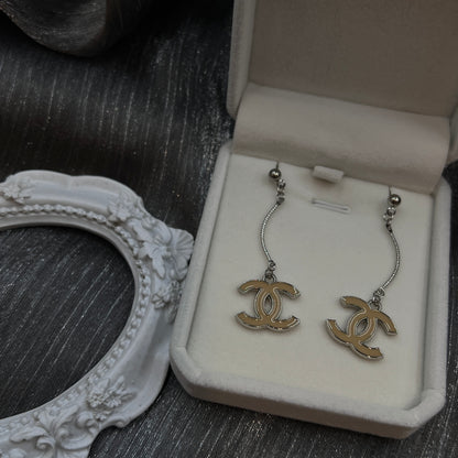 Silver Beige Enamel CC Dangle Earrings