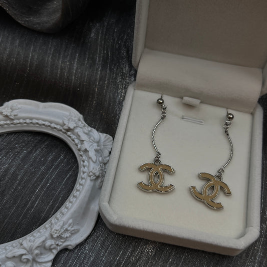 Silver Beige Enamel CC Dangle Earrings