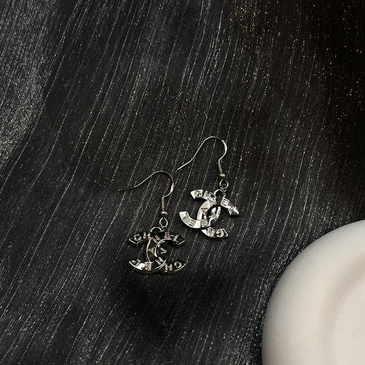 Silver CC Carve Letter Pendant Earrings