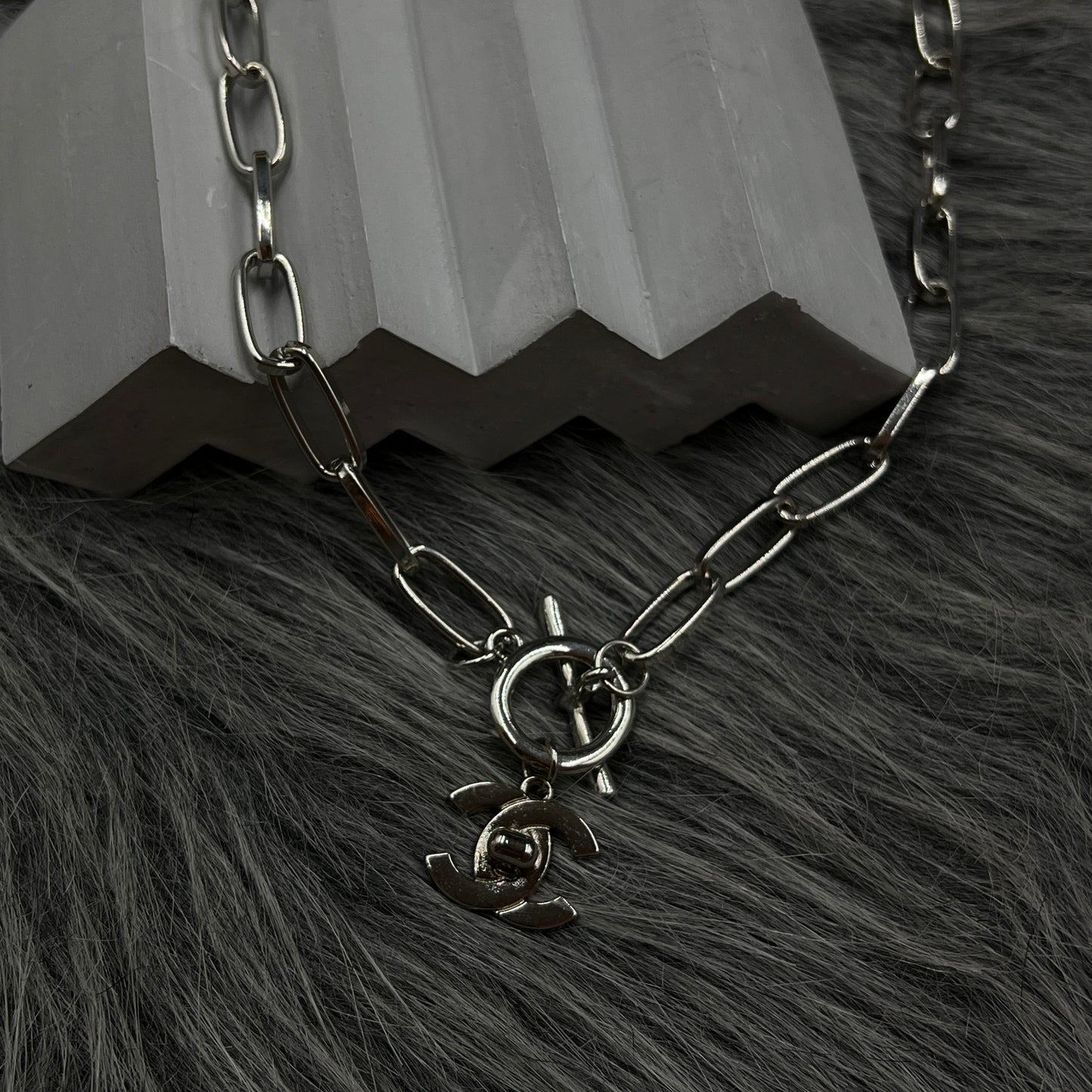Silver Toggle Chain with CC Pendant Necklace