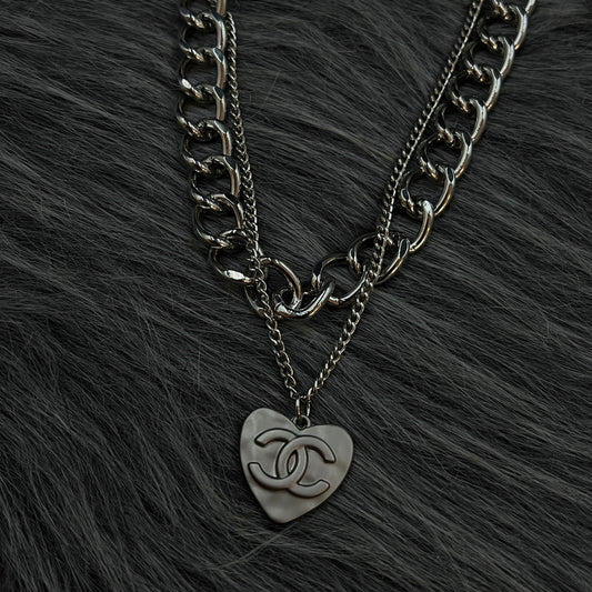 Double Sliver Chain with Heart CC Pendant Necklace