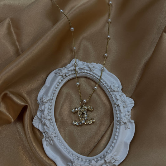 Gold Necklace with White Crystal & Pearl CC Pendant