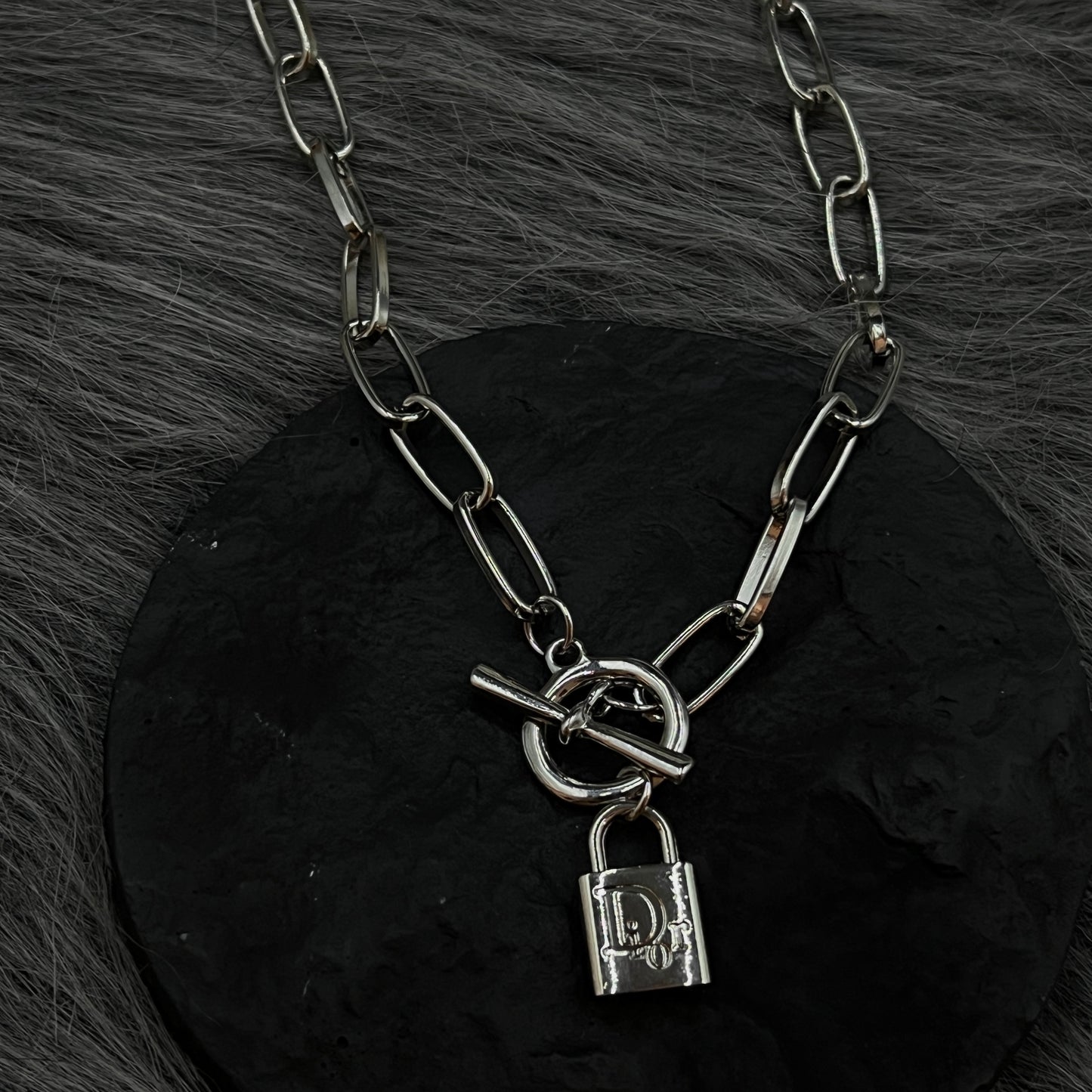 Silver D Logo Lock Pendant Clasp Necklace