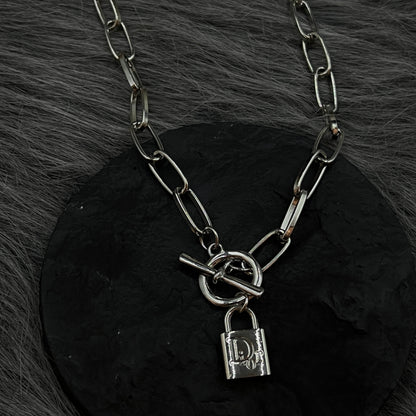 Silver D Logo Lock Pendant Clasp Necklace
