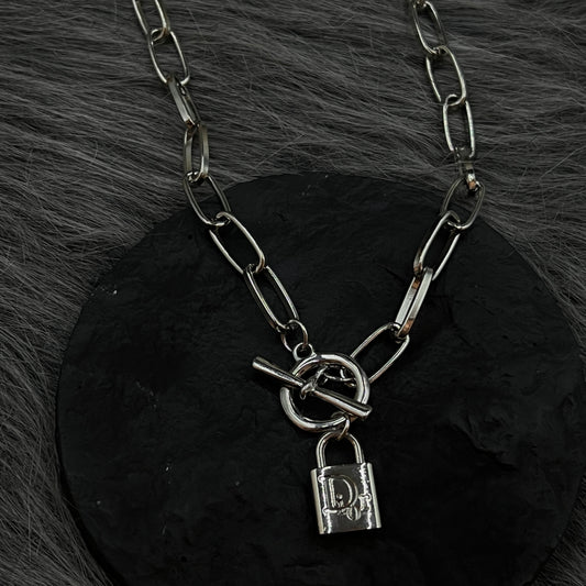 Silver D Logo Lock Pendant Clasp Necklace