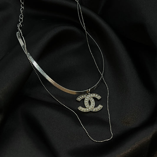 Double Snake Chain with White Crystal CC Pendant Necklace