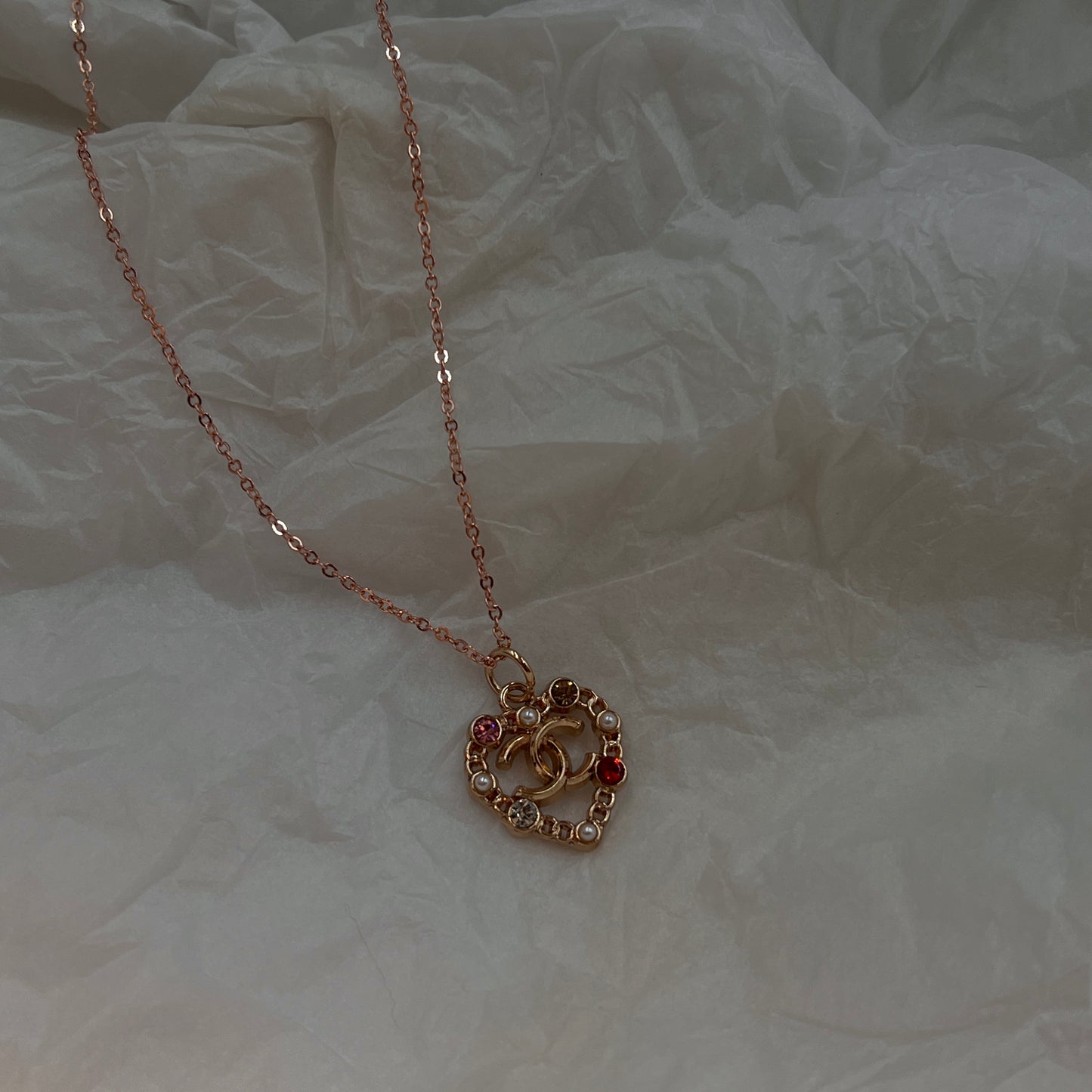Gold Pink with Luxuriant Crystal Heart CC Logo Necklace