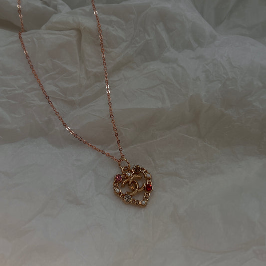 Gold Pink with Luxuriant Crystal Heart CC Logo Necklace