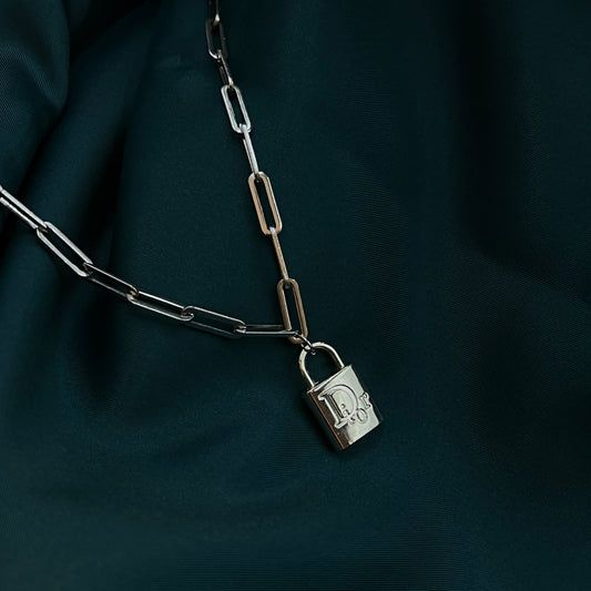 Classic Silver D Logo Lock Pendant Necklace