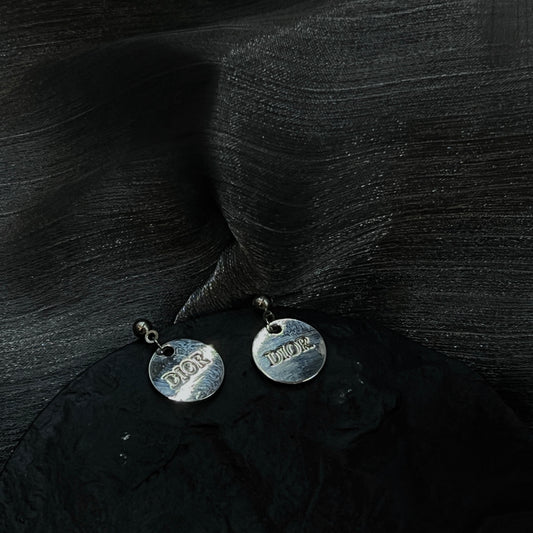 Silver D Logo Round Plate Pendant Earrings