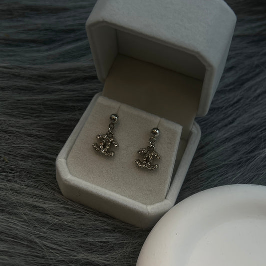 Mini Silver CC Logo Earrings with White Crystals
