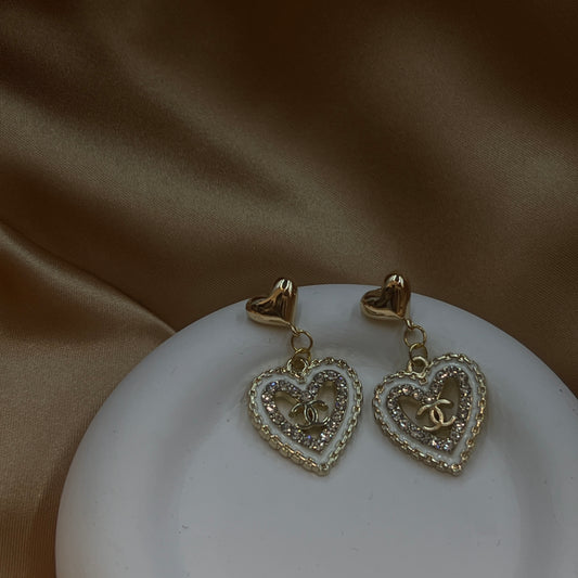 White Enamel Crystal Gold CC Heart Earrings
