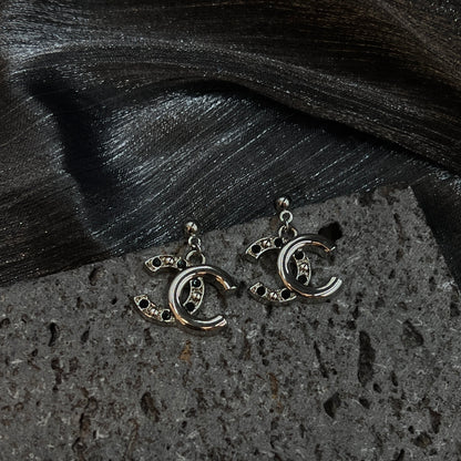 Silver CC Pendant with Embedded Black Crystal Earrings