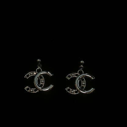 Silver CC Pendant with Embedded Black Crystal Earrings