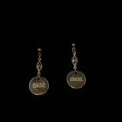 Gold D Logo Round Plate Pendant Earrings