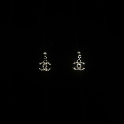 Mini Silver CC Logo Earrings with White Crystals