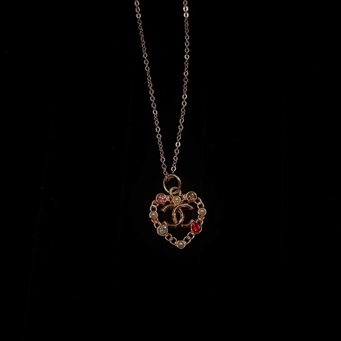 Gold Pink with Luxuriant Crystal Heart CC Logo Necklace