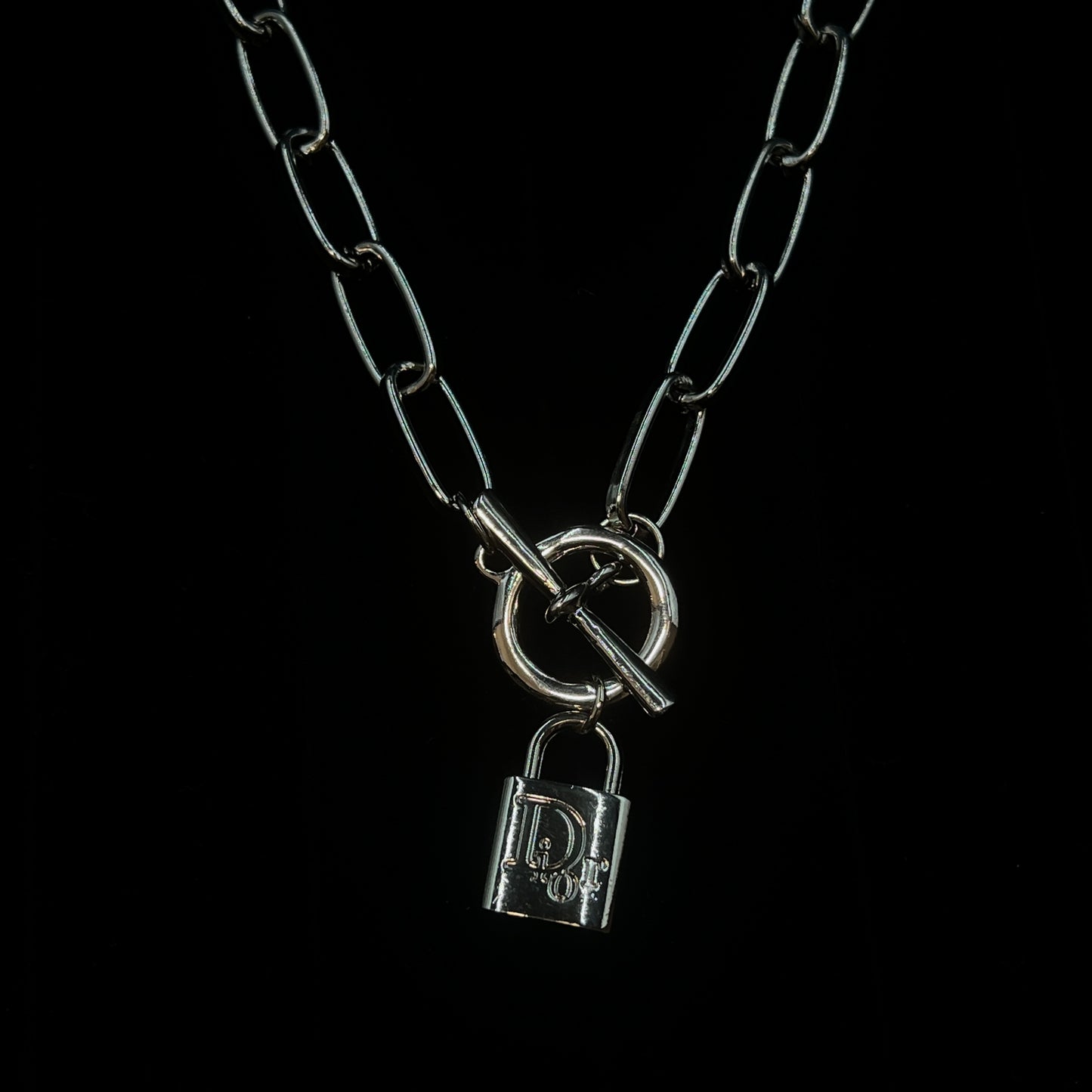 Silver D Logo Lock Pendant Clasp Necklace