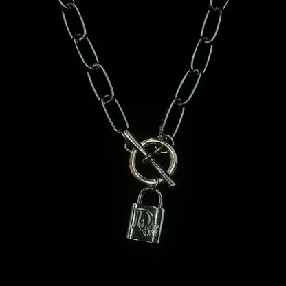 Silver D Logo Lock Pendant Clasp Necklace