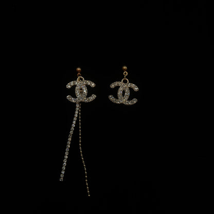 Gold CC Drop Long Crystal Earrings