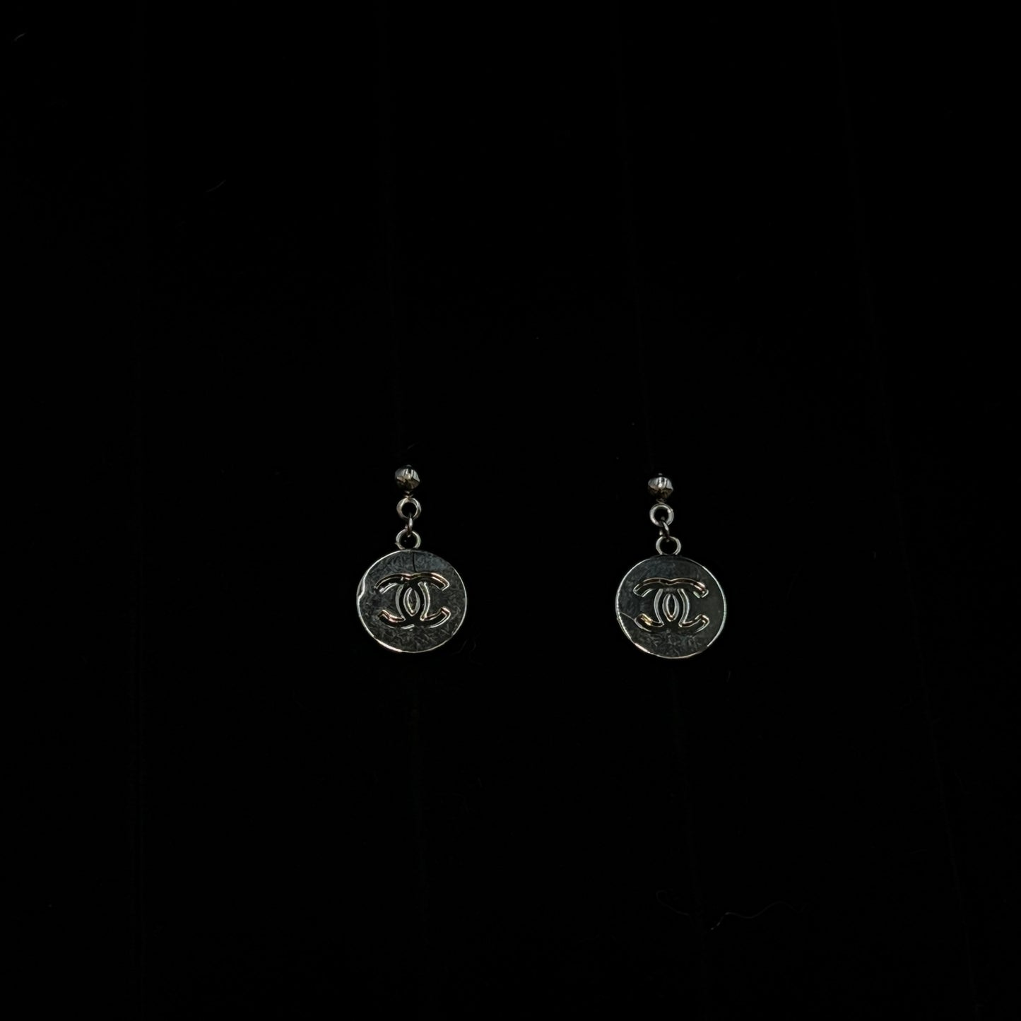 Silver CC Logo Round Plate Pendant Earrings