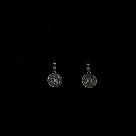 Silver CC Logo Round Plate Pendant Earrings