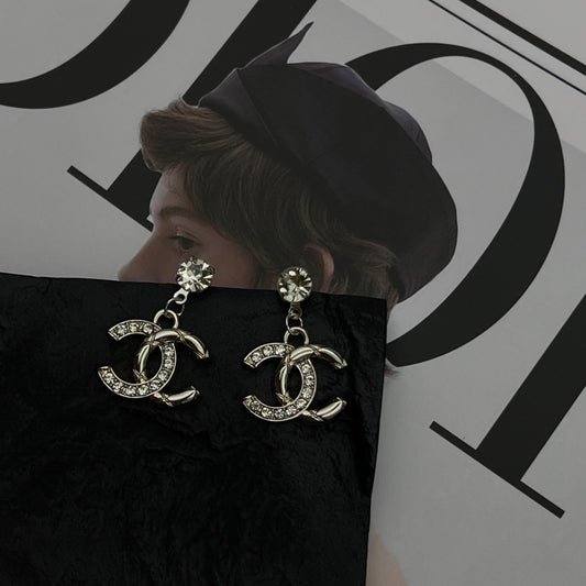 Silver CC Pendant with Embedded White Crystal Earrings